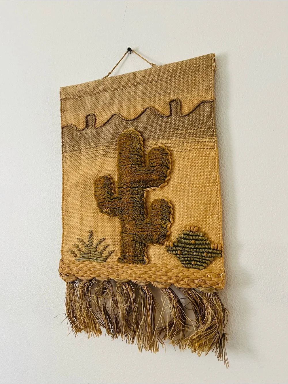 Handwoven Desert Cactus Wall Hanging in Tan and Brown 16/20 inches